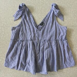 Who What Wear XXL 2XL Linen Cotton Sleeveless Blouse Blue White Vertical Stripe